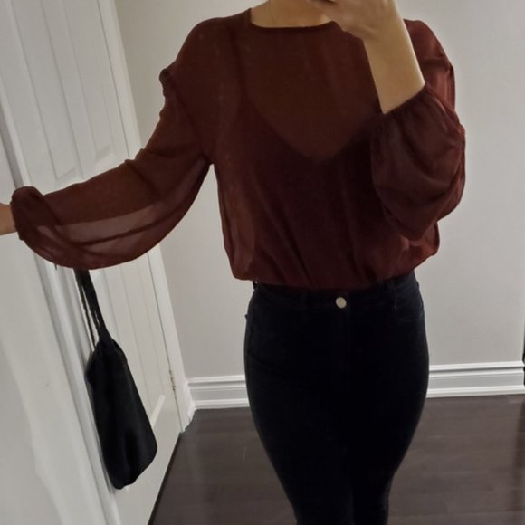 Aritzia Wilfred Burgundy Long-Sleeve Bodysuit Blouse Holiday, Sz S - Picture 4 of 7
